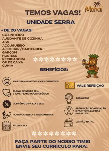 Vagas - Restaurante Mahai Serra