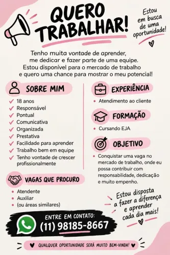Vaga de emprego, disponibilidade para qualquer cargo