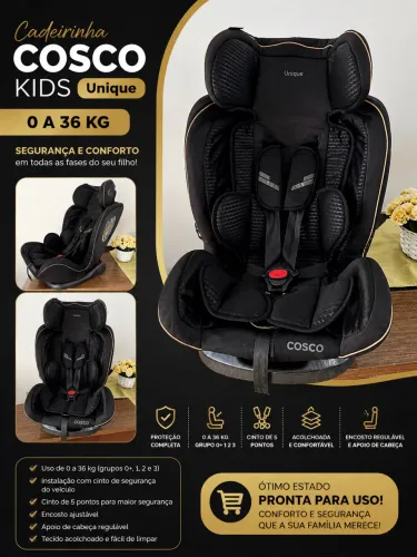 Cadeirinha Cosco Kids, Unique, 0 a 36 kg, Preto Ouro