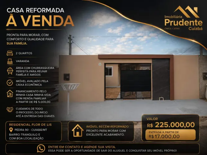 Casa para Venda em Cuiabá, Pedra 90, 2 dormitórios, 1 banheiro, 2 vagas