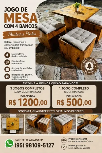 3 Jogos de Mesa com 4 Bancos de Madeira Pinho