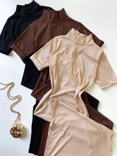 Vestido Midi em Ribana Manga Curta com Gola Ref. 1599