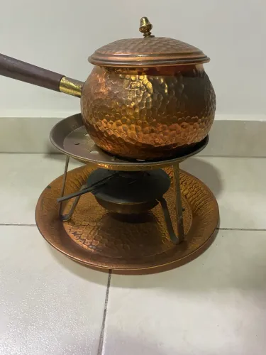 Clássico Aparelho de Fondue Antigo em Cobre Martelado - Réchaud Completo