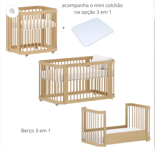 Berço de Bebe Evolutivo 3 em 1 Madeira Marca Quater