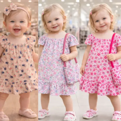 KIT 3 PEÇA VESTIDO INFANTIL COM BOLSINHA LATERAL , VESTE ATÉ 9 MESES