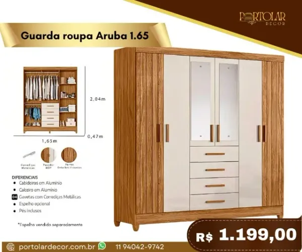 Guarda Roupa Aruba 1.65, a pronta entrega