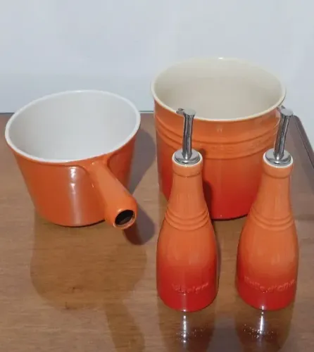 Kit Caldeirão Vintage+Set Galheteiro+Porta Utensílios Grande Laranja Le Creuset