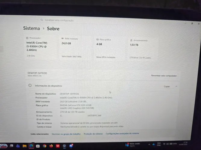 Acer Nitro 5 AN515-54 - i5 9ª Geração, GTX 1650, 24GB RAM, 1TB SSD (Limpeza e Pasta Nova)