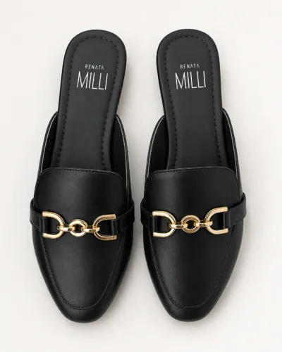 Mule Feminino Mili Preto com Detalhe Dourado Nº 40