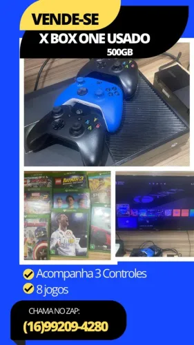 X Box One com 3 controles e 8 jogos