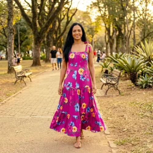 Vestido Longo Estampado Floral Rosa Estilo Boho (Com Forro) - Tamanho 40