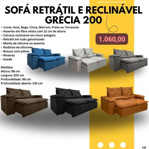 Sofá retrátil e reclinável Grécia 2m Suede / várias cores / pague na entrega