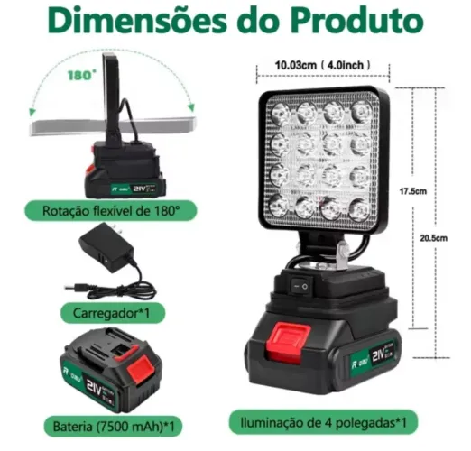 Refletor LED Portátil 21V 30W 3200 Lúmens Prova d'Água - Ideal para Camping, Pesca