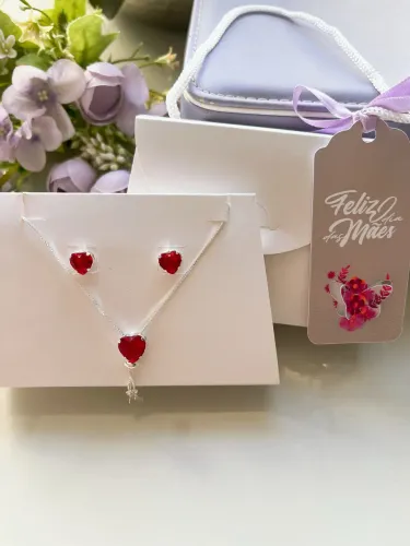 Conjunto coração vermelho colar regulável semijoia