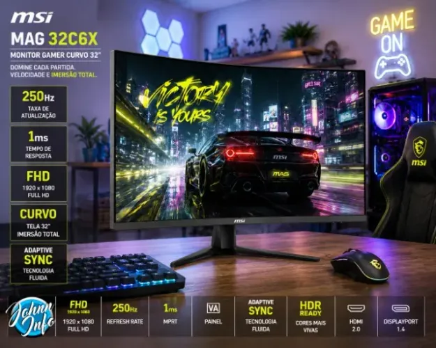 Monitor Gamer Curvo MSI 32 Pol, Full HD, Painel VA, 250Hz, 1ms MPRT, Adaptive Sync