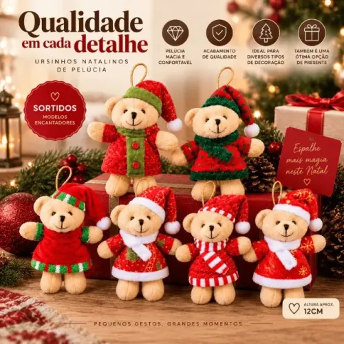 Shopee Achadinhos Kit 5 Ursinhos Natalinos de Pelúcia Enfeite para Árvore