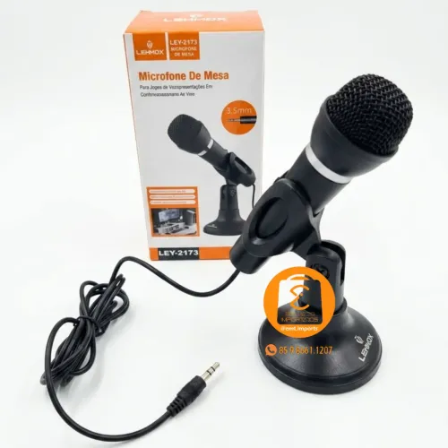 Microfone de Mesa com Suporte e Fio P2 3.5mm, Celular, PC, Notebook, Tablet, Live, Jogos 