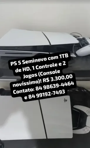 PS 5 com mídia física, HD 1TB, 1 controle, 2 jogos, Menos de 1 ano de uso. Nota fiscal