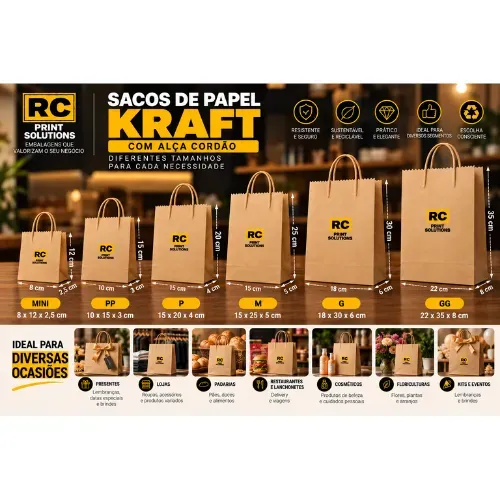 Sacola com alça de cordão MINI/PP/P/M - Kraft Liso 90g