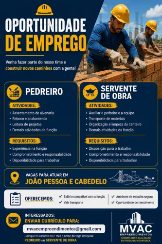 Vaga de Emprego Servente e Pedreiro