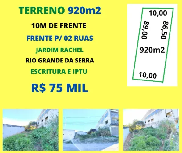 Oferta Terreno 920m2 frente p/ 2 ruas 10m de frente Jardim Rachel Escritura