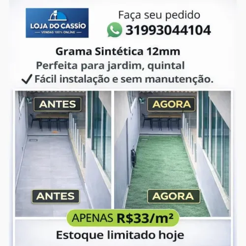Grama Sintética 12mm Uso Interno e Externo - Entrega Imediata em BH
