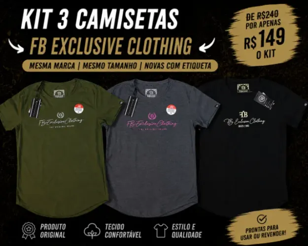 KIT 3 CAMISETAS FB EXCLUSIVE CLOTHING - TAMANHO GG - NOVAS COM ETIQUETA