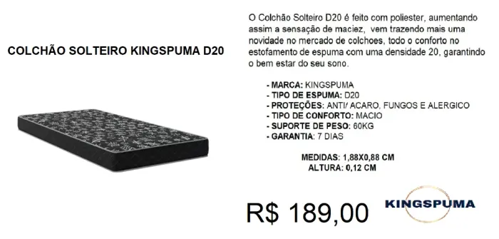 Colchão D20 - solteiro - compre hoje e receba em até 72 horas