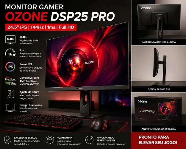Monitor Gamer 144Hz IPS Ozone DSP25 Pro, 1ms, Full HD, Ajuste de Altura