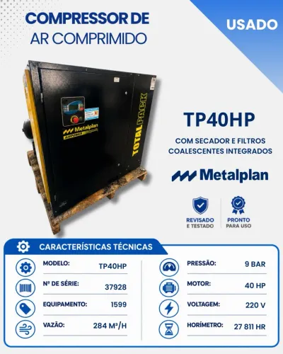 Compressor parafuso 40 HP secador e filtros integrados
