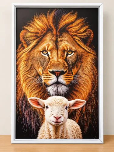 Quadro Decorativo Leão e Cordeiro com Moldura Branca - Alta Qualidade<br>
