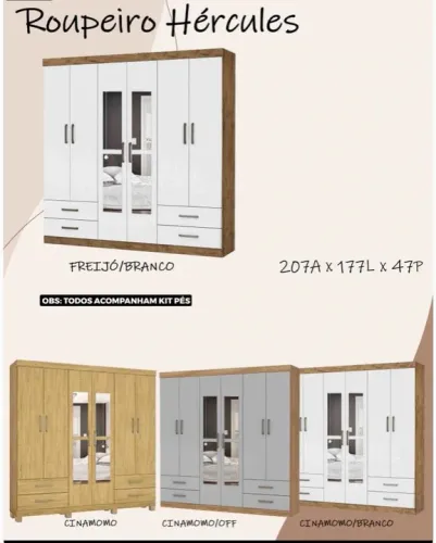 Roupeiro Hércules 6 Portas com Espelho - FREIJÓ/BRANCO