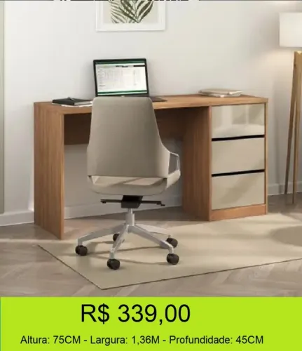 Escrivaninha 3 Gavetas espaço super funcional