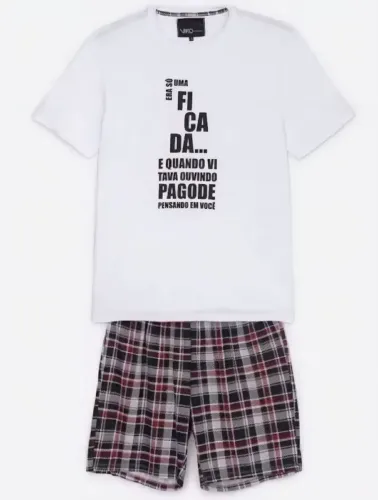 Pijama Branco e Xadrez Estampa Boletos Namorados Viko