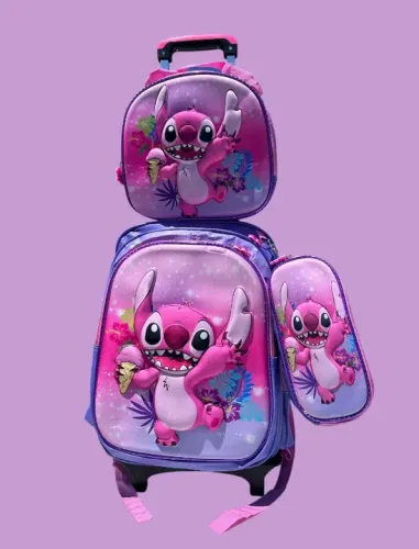 Kit mochila + lancheira + estojo Temas variados com ou sem carrinho