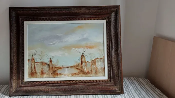 Quadro Pintado a Óleo Decorativo com Moldura em Madeira