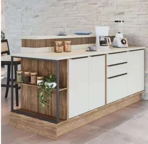 Bancada Ilha 6 Peças 3 Portas Cozinha Viena Freijó / Cinza Argila - Branco