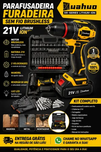 PARAFUSADEIRA/FURADEIRA SEM FIO MOTOR BRUSHLESS 21V - KIT COMPLETO