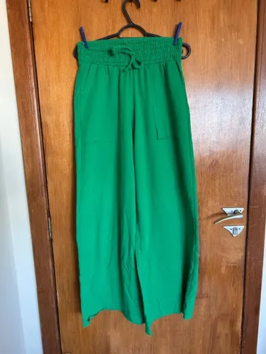 Calça Pantalona Verde Moletinho Cintura Alta