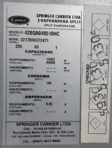 Evaporadora Duto Carrier 48000 BTUs Frio 220V - Modelo 42BQA048510HC