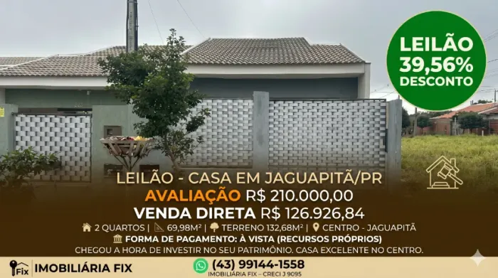Chegou a hora de investir no seu patrimônio. Casa excelente no centro. ? JAGUAPITÃ -