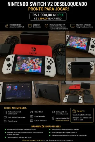 Nintendo Switch V2 Desbloqueado + KS42 + SD 128GB + Dock + Película