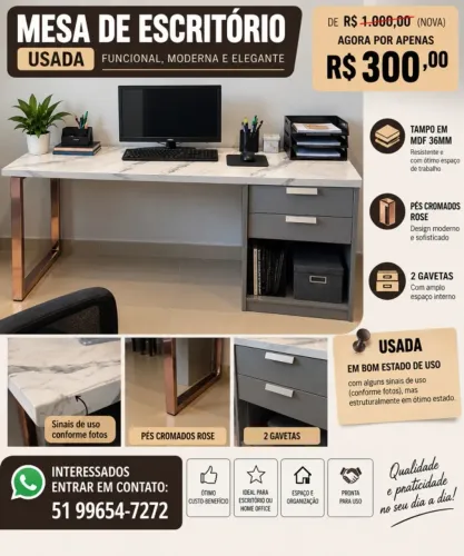 Mesa de Escritório MDF 36mm com Gavetas e Pés Rosé
