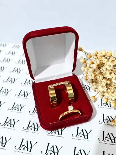 Aliança Reta 6mm+Anel Solitário+ Aparador, banhada a ouro 18k