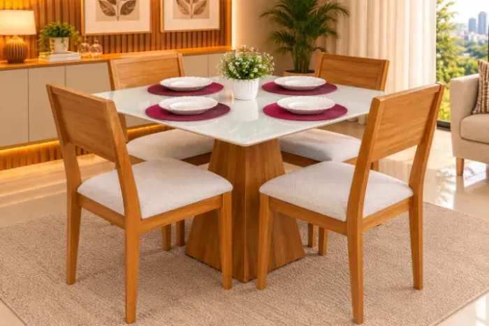 Mesa Rubi 90x90 com 4 Cadeiras Conquista (NOVO A PRONTA ENTREGA)