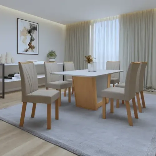 Mesa de Jantar 6 Cadeiras Com Tampo 1,70m Bege Apogeu e Branco