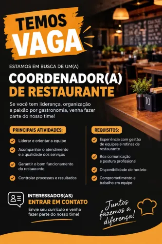 Vaga para Coordenador (a) de Restaurante