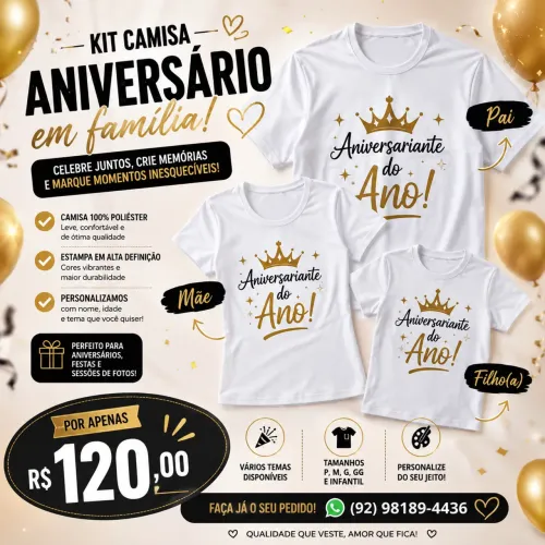 Kit 3 camisas para aniversário