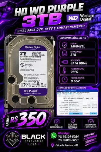 HD WD Purple 3TB SATA - Testado e Saudável