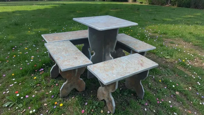 Conjunto mesa e 4 bancos de ardósia.